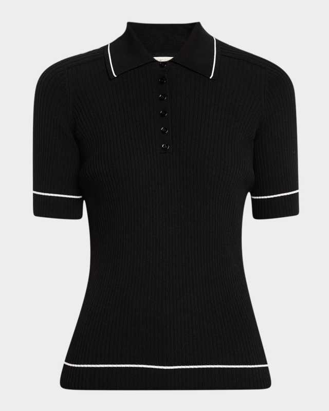 Ribbed Elbow-Sleeve Polo T-Shirt